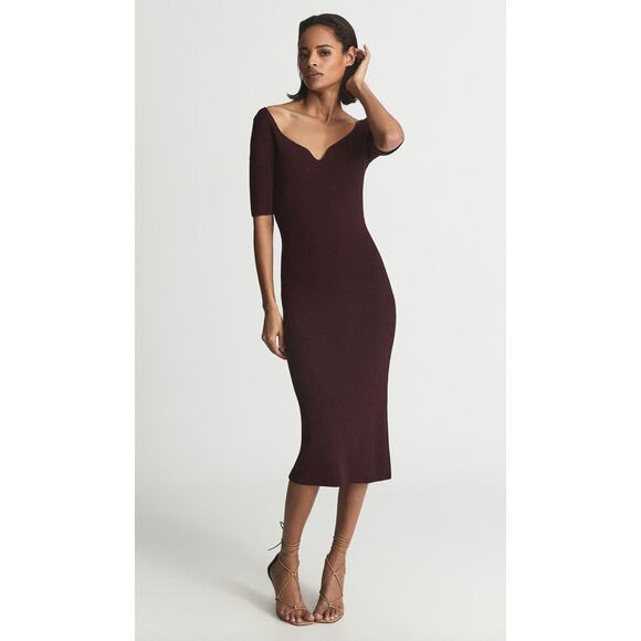 NWT Women's Reiss Olivia Sweetheart Neck Midi Dress In Burgundy size L - Picture 7 of 7